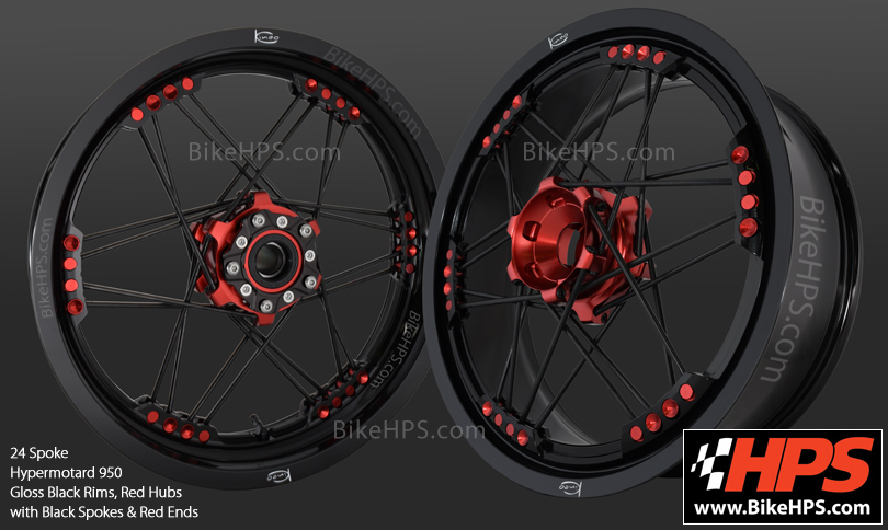 Ducati Hypermotard 950 24 Spoke Kineo Wheels in Gloss Black & Red