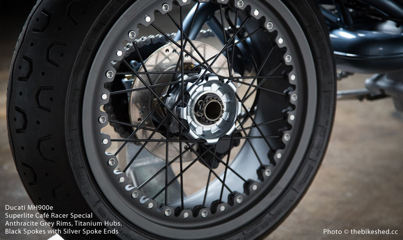 Ducati MH900e Superlite Cafe Racer Special with Kineo Spoked Wheels Rear Wheel Closeup
